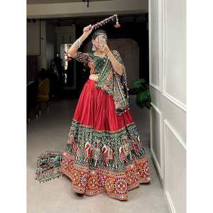 TRENDING BEURRE SOIE IMPRIMÉ NUMÉRIQUE MIROIR TRAVAIL LEHENGA CHOLI AVEC DUPATTA ROUGE - Product Image 1