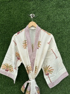 Handmade Cotton Kimono Robe V-neck Long Sleeve Full Length Boho Beach Cover Lightweight Block Print Spring Summer Womens <b>Lounge</b> - Product Image 1