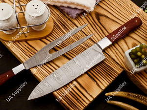 Juego de Cuchillos de Cocina Profesionales de 2 Piezas de Acero de Damasco - Cuchillo de Chef para Rebanar + Tenedor de Acero, Hoja con Patrón Ondulado, Mango Ergonómico de Madera OEM - Product Image 5