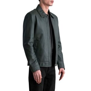Chaqueta de Cuero Genuino Gris Oscuro para Hombre, Cuello Camisero, Cierre de Cremallera, Resistente al Viento, Estilo Casual, Motociclista, Otoño - Product Image 3