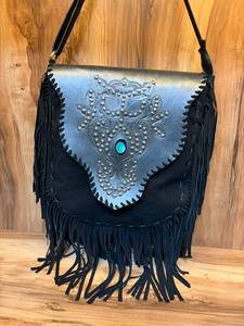 Handmade Black Genuine Leather Fringe Crossbody Bag with Turquoise <b>Stone</b> & Studded Floral Tooled Flap | Western Boho Shoulder Pu - Product Image 2