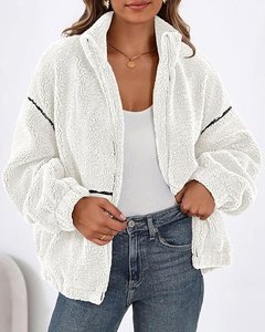 Chaqueta de Forro Polar Blanca con Ribete Negro, Cierre de Cremallera, Cuello Alto, Manga Farol, Ropa de Invierno, Abrigo Informal para Mujer - Product Image 5