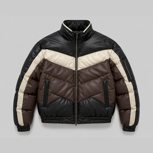 Blouson matelassé en cuir PU pour homme, coupe-vent, style motard, col montant, color block, épais, coupe classique, hiver - Product Image 4