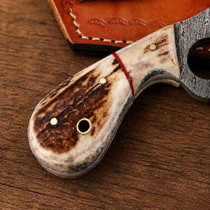Couteau de camping miniature SAZ ENTERPRISES en acier Damas de qualité industrielle, fait main, avec lame, manche en corne et étui en cuir - Product Image 4