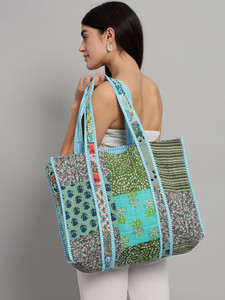 Handmade Vintage Large Tote Handbag Quilted <b>Patchwork</b> Indian Cotton Washable Grocery <b>Bag</b> Printed Design for Women's Daily Use - Product Image 1