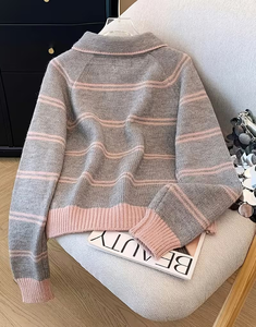 Women's Half Zip Striped Knit Sweater V-neck Loose Pullover Long Sleeve Front Logo for Autumn Winter Casual Wear - Product Image 2
