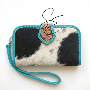 Turquoise Carved Genuine Leather <b>Wristlet</b> Women Western Cowgirl Style Zippered Clutch Hair On Hide Evening Purses Chic Wallets - Product Image 1