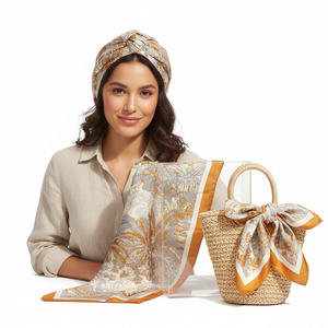 Pañuelo de Seda Amarillo Mostaza con Estampado de Hojas de <span class=keywords><strong>Palma</strong></span> Tropical para Mujer, para Usar como Turbante o Decoración para Bolsos de Paja - Product Image 1