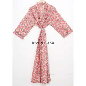 Enveloppez-vous de douceur : Kimono 100 % coton respirant pour une retraite relaxante, col en V, design simple, imprimé floral, tenue décontractée - Product Image 1