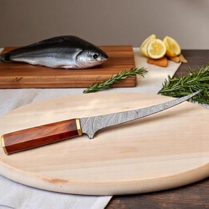 Cuchillo de filetear hecho a mano de acero de Damasco, hoja de punta curva, grado industrial, hoja fija, mango de palisandro, tapa de latón, funda de cuero - Product Image 2