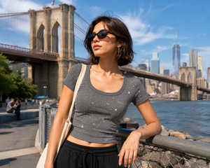 T-shirt vintage Y2K pour femme avec strass, haut côtelé extensible, col rond, manches courtes, coupe ajustée, chemisier décontracté, ajustement élastique - Product Image 5