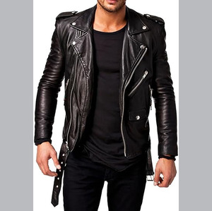 Blouson de motard en cuir véritable pour homme, style vintage vieilli, avec patchwork gaufré, fermeture éclair, col montant, coupe ajustée - Product Image 5