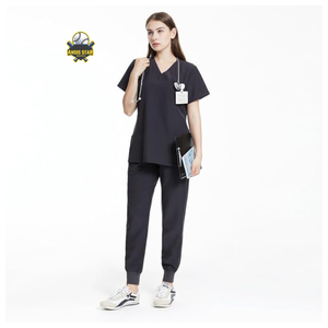 Ensemble de blouses médicales pour femmes en coton et polyester tricoté, haut à col en V et pantalon de jogging, uniformes médicaux d'hôpital, noir - Product Image 5
