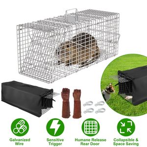 Trampa Humana para Gatos y Mapaches con Cubierta Impermeable, Jaula Plegable de Alambre Galvanizado con Guantes para Captura y Liberación de Animales Vivos, Jaula para Mascotas - Product Image 1