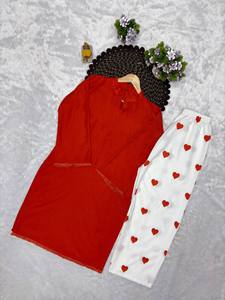Women Red Cotton <b>Kurti</b> With Heart Print Palazzo Set Casual Loose Fit Ankle Length Indian Pakistani Style All Seasons Wear - Product Image 4