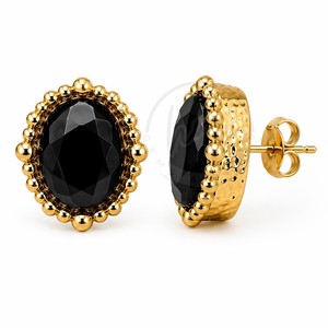 Pendientes de botón de lujo chapados en oro con ónix negro, halo de cuentas y gema ovalada, pendientes llamativos para mujer - Product Image 2