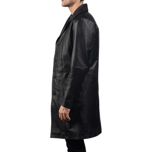 <b>Men's</b> Black Genuine Leather Overcoat Single Breasted Notched Lapel Knee Length Coat - Product Image 2