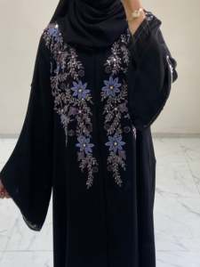 Modest Islamic Elegant Breathable Handmade <b>Black</b> Beaded Polyester Abaya Loose Long Sleeve <b>Floor</b> <b>Length</b> Modest Evening Party wear - Product Image 3
