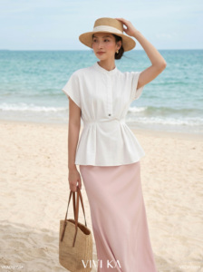 Blusa de Lino Blanca Casual para Mujer con Cuello Mandarín, Manga Corta con Botones, Estilo Peplum, Transpirable, Primavera-Verano, Estilo Minimalista VENUS - Product Image 2