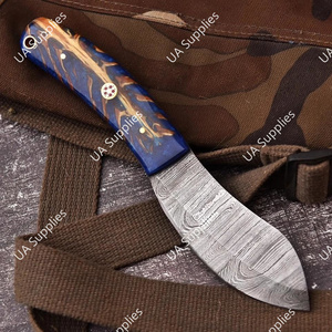 Cuchillo de caza y camping de hoja fija de acero de Damasco hecho a mano con mango de resina exótica de piña, DIY ODM, funda de cuero universal para transporte - Product Image 4