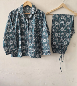 Ensemble de pyjama élégant en coton bleu sarcelle à motifs floraux pour femme, imprimé à la main, manches longues, respirant, séchage rapide, deux pièces, vêtements de nuit d'été - Product Image 1