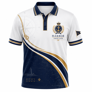 Harbor <b>Yacht</b> Club Men's Short Sleeve Jersey for Shirt White Navy Gold Geometric Print Breathable Casual Style - Product Image 1