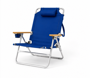 Silla de Playa Plegable Azul de Aluminio con Brazos de Madera y Portavasos, Muebles de Exterior Contemporáneos - Product Image 1