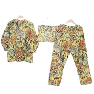 100% coton demoiselle d'honneur Pj ensemble pour femmes indien coton longue pyjama robe de nuit et maillots de bain jaune imprimé pour la saison d'été - Product Image 2