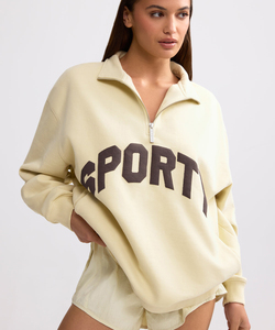 Sweat-shirt à demi-zip crème pour homme, manches longues, imprimé lettres, style sportif décontracté - Product Image 5