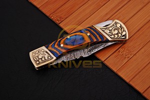 Couteau pliant artisanal en acier Damas, manche en bois, couteau de poche, couteau de camping, de chasse, EDC, avec étui en cuir - Product Image 5