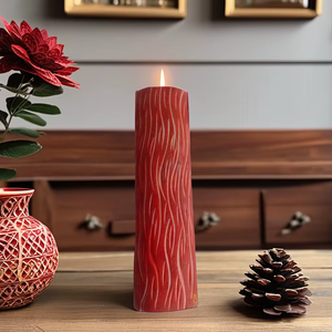 Rustic <b>Red</b> Carved Wood <b>Candle</b> With Pinecone Decor For Home Decoration - Product Image 1