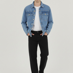 <b>Men's</b> <b>Light</b> Blue Denim <b>Jacket</b> Casual Button Up Turn-down Collar Washed Cotton Regular Fit Autumn Outwear - Product Image 1