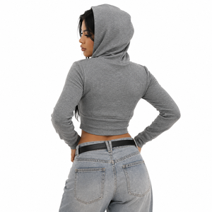 High Quality <b>Cropped</b> Sexy Women's Cotton Blend Hoodies <b>Zip</b> <b>Up</b> Slim Fit Solid Color Drawstring Autumn Winter OEM ODM Manufacturer - Product Image 5