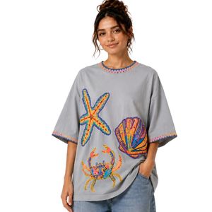 เสื้อยืดโอเวอร์ไซส์สีเทาอ่อนลายกราฟิกสำหรับผู้หญิง พิมพ์ลายมหาสมุทรหลากสีสัน สไตล์ลำลอง ผ้าฝ้าย สตรีทแวร์ ใส่สบายช่วงฤดูร้อน ทรงหลวม รับผลิตตามสั่ง ขายส่ง - Product Image 1