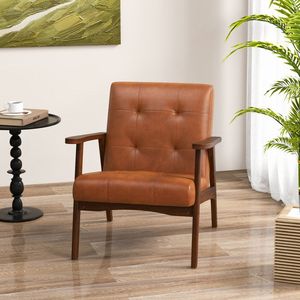 Fauteuil d'appoint en cuir de style moderne du milieu du siècle avec structure en bois d'hévéa massif pour salon - Product Image 2