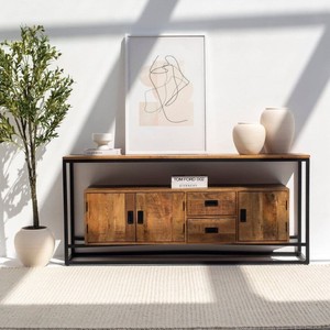 Table console industrielle en bois Vandana Lunaris Falcon, meuble d'appoint moderne en bois massif - Product Image 1