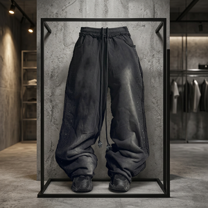 Pantalon Harem Homme Noir Respirant à Taille Élastique avec Cordon de Serrage, Déchirures Décontractées, Mi-Épais, en Tissu Peigné Anti-Boulochage, Lavage Acide, pour l'Automne - Product Image 5