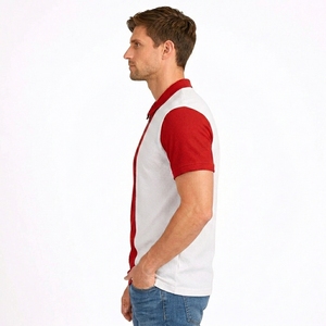 Factory Price Men's Zipper Front Design Short Sleeve Knitted Terry Fabric Polyester Breathable Formal Style for Shirt White red - Product Image 3