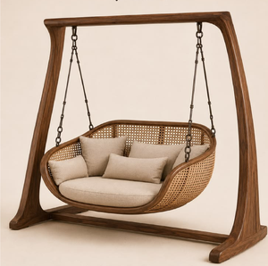 Soporte moderno de madera curvada para columpio con asiento de mimbre tejido y cojines beige claro, disponible a precios de mayorista. - Product Image 1