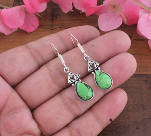 Boucles d'oreilles pendantes unisexes de luxe en argent sterling 925, style bohème, vert cuivre turquoise, filigrane vintage, en forme de goutte, pour mariage et fiançailles - Product Image 1