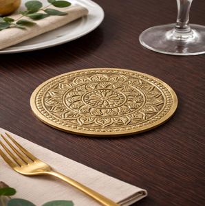 Circular brass coaster featuring a deeply engraved floral mandala pattern surrounded by a <b>beaded</b> border design, at wholesale. - Product Image 5