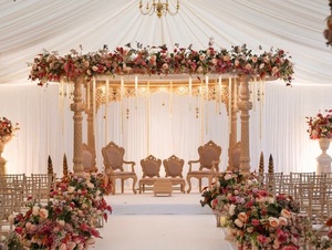 Magnifique décor de mandap moderne et léger pour mariages en intérieur, en fibre de verre, avec dessus floral circulaire, mandap de mariage personnalisé sculpté - Product Image 6