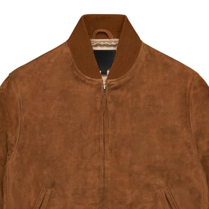 <b>Men</b>’s Brown <b>Suede</b> Leather Bomber <b>Jacket</b> Ribbed Collar Cuffs and Hem Zip Front Vintage Casual Outerwear - Product Image 6