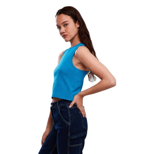 Camiseta sin mangas de punto azul para mujer, cuello redondo, color liso, estilo casual, transpirable y ajustada - Product Image 4