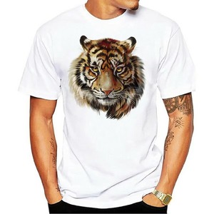 <b>Men's</b> White Tiger Print T-Shirt Short Sleeve O-Neck Casual <b>Animal</b> Pattern Cotton Jersey Breathable Regular Fit - Product Image 1
