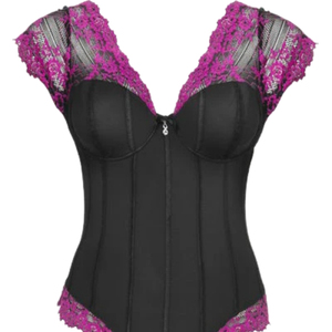 Women's Black Velvet Bodysuit With Purple Lace Trim Ruffle Sleeve Sexy Shapewear Body Shaper One Piece Lingerie - Product Image 2