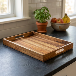 Plateau de service rectangulaire en bois avec poignées, incrustations bleues et blanches, style méditerranéen, décoration de table pour la maison, l'hôtel et le restaurant - Product Image 6