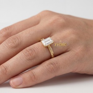 925 Sterling <b>Silver</b> <b>Emerald</b> Cut Lab Grown Diamond Engagement <b>Ring</b> Nature Inspired Engraved Leaf Shank Wedding <b>Ring</b> Women - Product Image 5