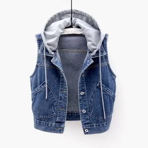 Gilet en jean respirant à capuche pour homme, sans manches, veste courte en jean, gilet boutonné en coton, vêtement d'extérieur décontracté et tendance, grande taille - Product Image 5