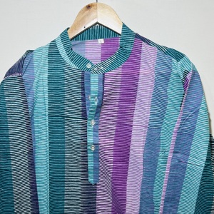 งานฝีมือสุดพิเศษ ผ้าฝ้าย 100% เสื้อคุรตะแขนยาวหลากสีสำหรับผู้ชาย |   ชุดคุรตะลายพิมพ์มือแบบแถบลายชนเผ่า - Product Image 2